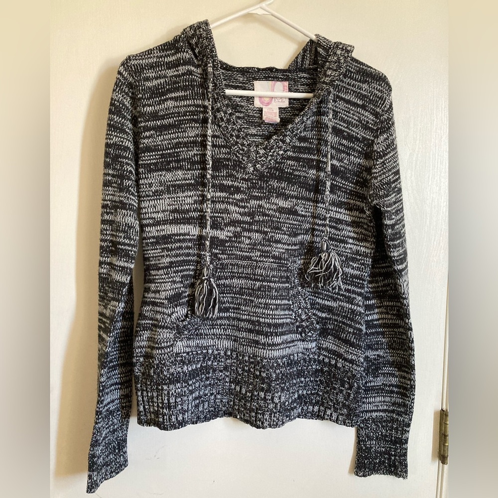 *OP Black & White Marbled Vintage Jr Large V-Neck Cropped Knit Hoodie Sweater